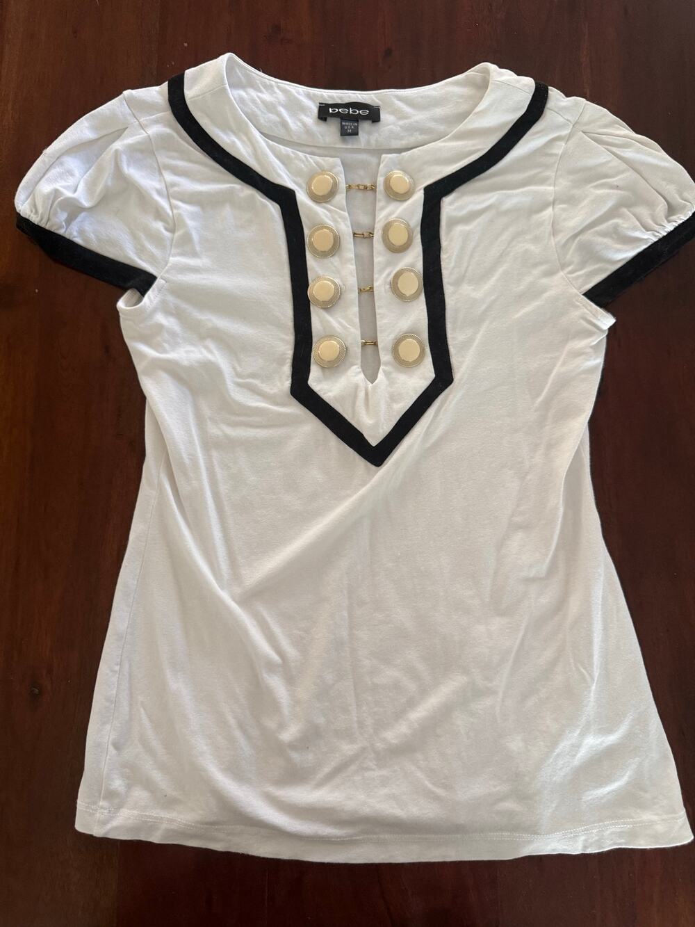 Vtg Y2k bebe white top gold metallic button sz M Made in USA